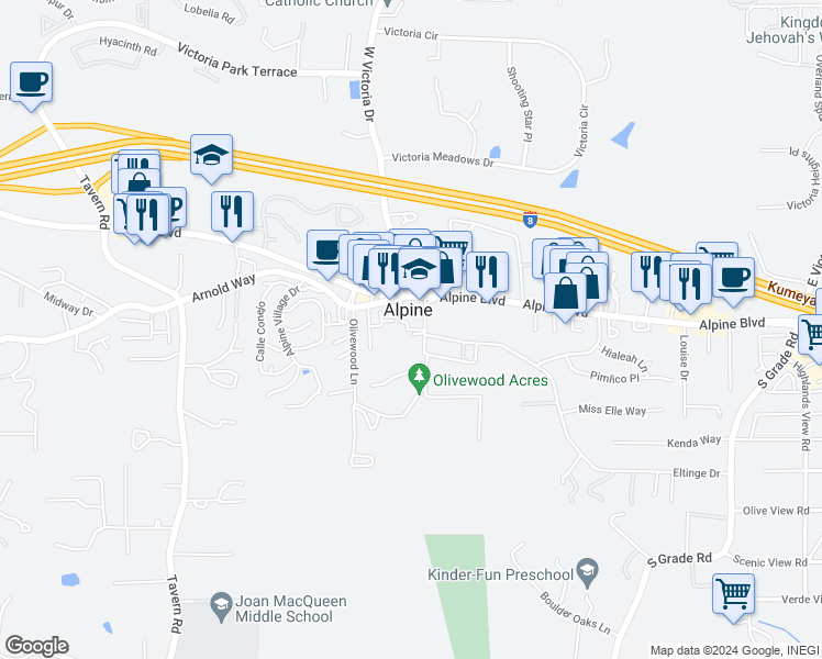 map of restaurants, bars, coffee shops, grocery stores, and more near in Alpine