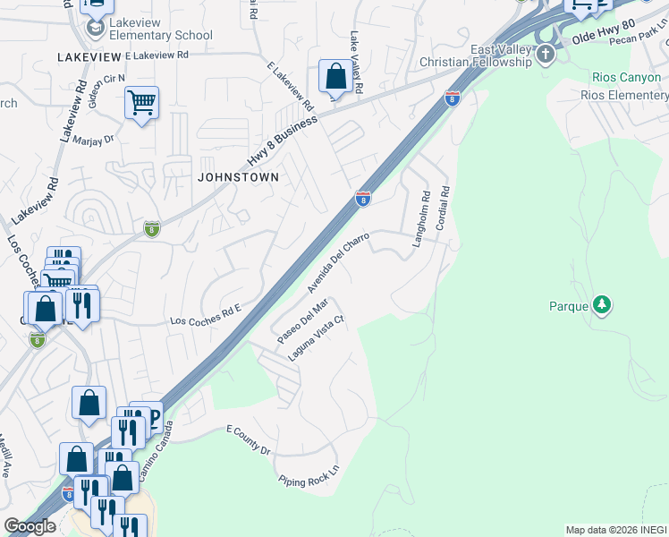 map of restaurants, bars, coffee shops, grocery stores, and more near 13704 Avenida Del Charro in El Cajon