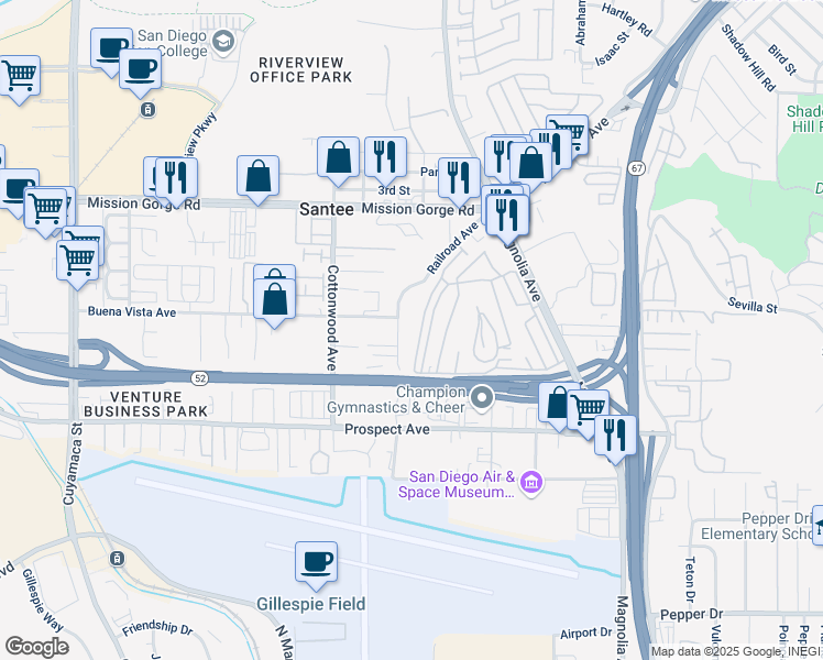 map of restaurants, bars, coffee shops, grocery stores, and more near 211 Caryl Drive in Santee