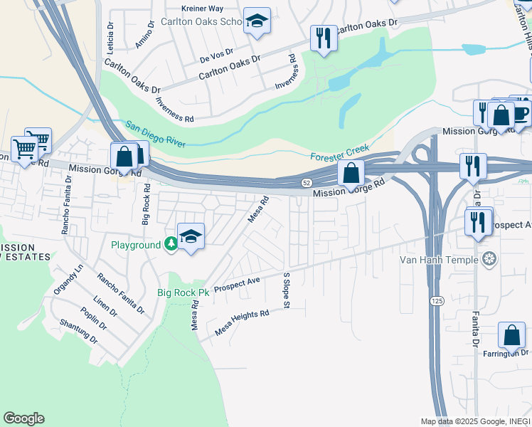 map of restaurants, bars, coffee shops, grocery stores, and more near 8755 Mesa Road in Santee