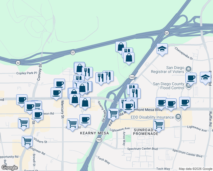 map of restaurants, bars, coffee shops, grocery stores, and more near 5550 Kearny Mesa Rd in San Diego