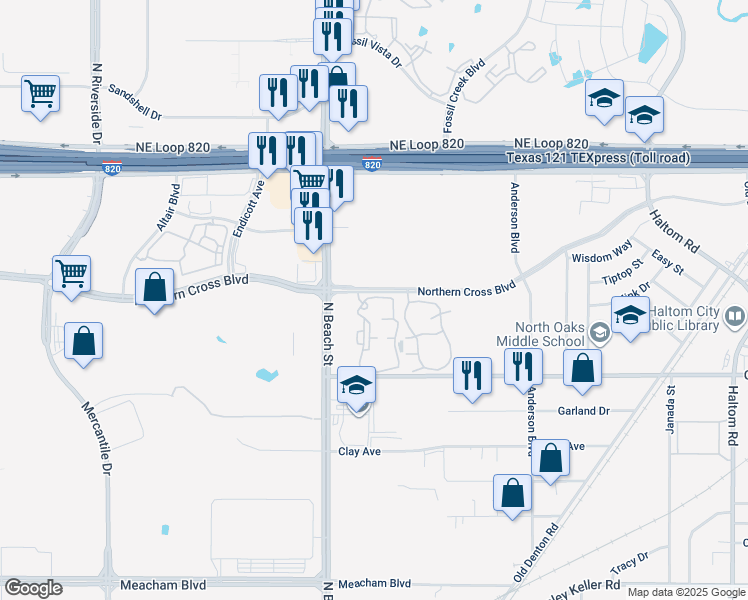 map of restaurants, bars, coffee shops, grocery stores, and more near 4101 Northern Cross Boulevard in Haltom City