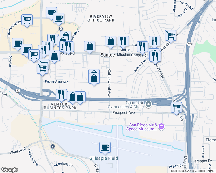 map of restaurants, bars, coffee shops, grocery stores, and more near 8756 Cottonwood Avenue in Santee