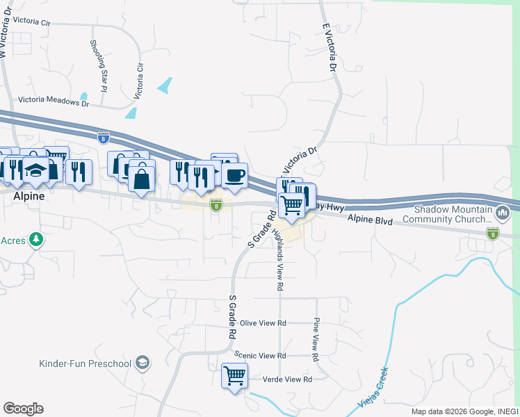 map of restaurants, bars, coffee shops, grocery stores, and more near 1385 Sunhaven Road in Alpine