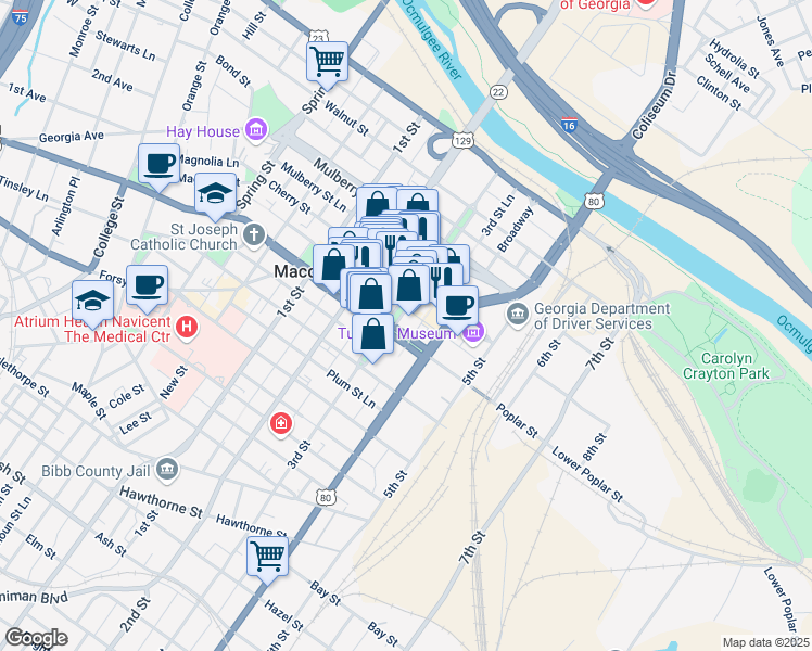 map of restaurants, bars, coffee shops, grocery stores, and more near 476 3rd Street in Macon