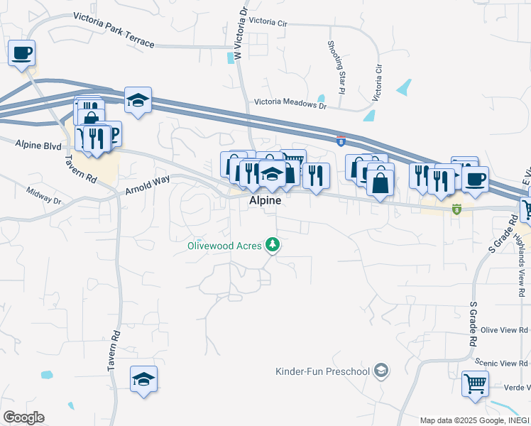 map of restaurants, bars, coffee shops, grocery stores, and more near 1434 Marshall Road in Alpine