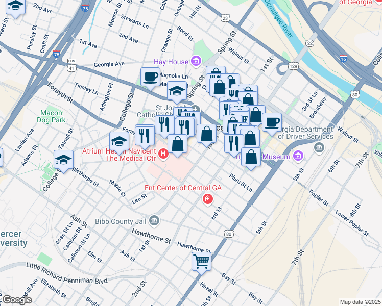 map of restaurants, bars, coffee shops, grocery stores, and more near 768 Plum Street in Macon