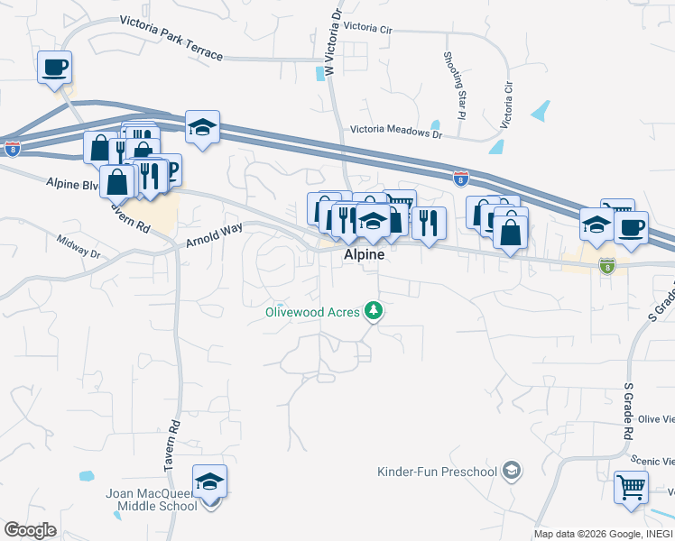 map of restaurants, bars, coffee shops, grocery stores, and more near 2153 Arnold Way in Alpine