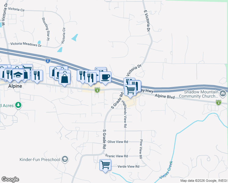 map of restaurants, bars, coffee shops, grocery stores, and more near 1385 Sunhaven Road in Alpine