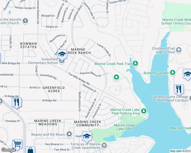 map of restaurants, bars, coffee shops, grocery stores, and more near 5609 Paloma Blanca Drive in Fort Worth