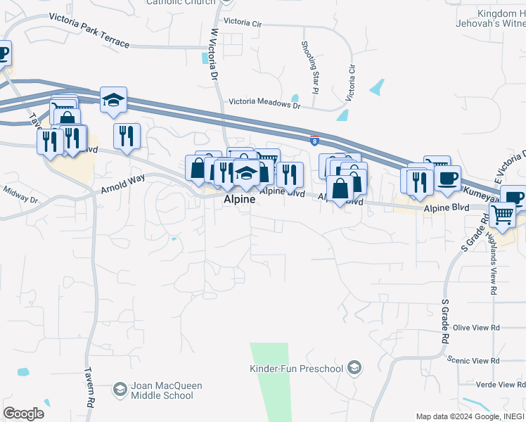 map of restaurants, bars, coffee shops, grocery stores, and more near 2324 Eltinge Drive in Alpine