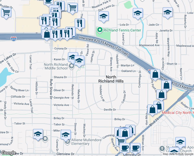 map of restaurants, bars, coffee shops, grocery stores, and more near 7021 Shauna Drive in Fort Worth