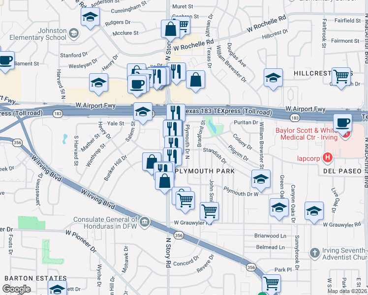 map of restaurants, bars, coffee shops, grocery stores, and more near 1917 Plymouth Drive West in Irving