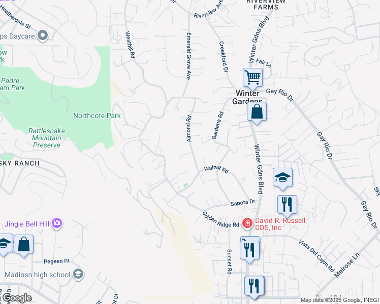 map of restaurants, bars, coffee shops, grocery stores, and more near 8658 Almond Road in Lakeside