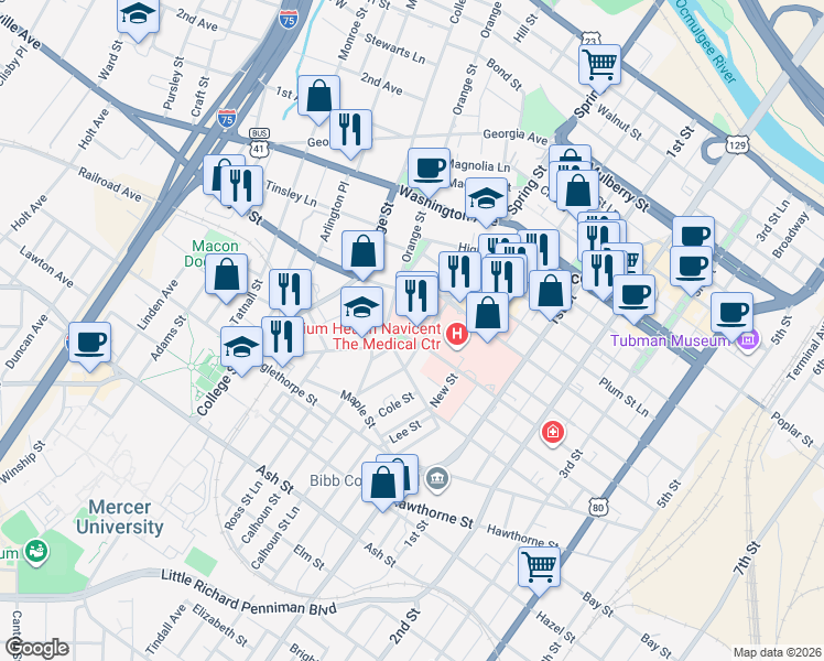 map of restaurants, bars, coffee shops, grocery stores, and more near 1062 Forsyth Street in Macon
