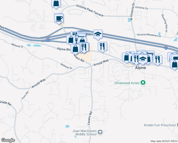 map of restaurants, bars, coffee shops, grocery stores, and more near 1417 Tavern Road in Alpine