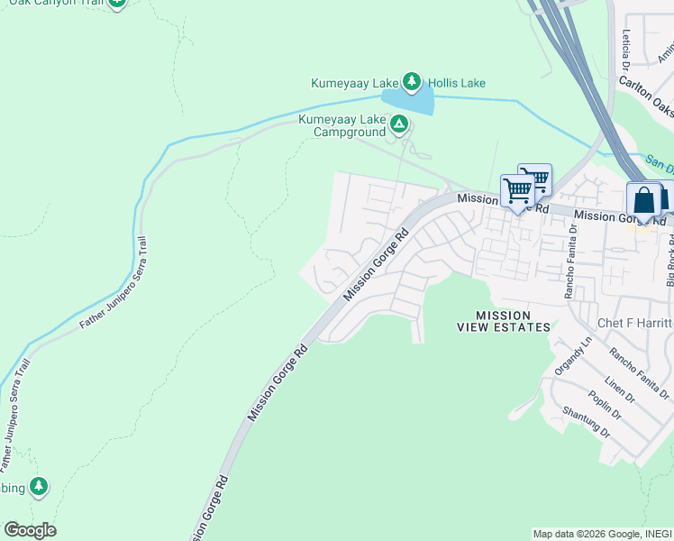 map of restaurants, bars, coffee shops, grocery stores, and more near 7411 Mission Trails Drive in Santee