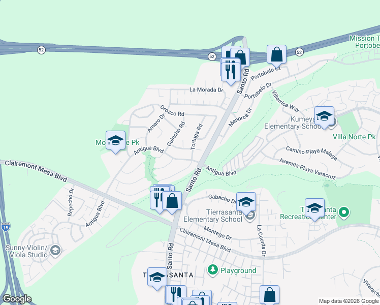 map of restaurants, bars, coffee shops, grocery stores, and more near 5718 Tortuga Road in San Diego