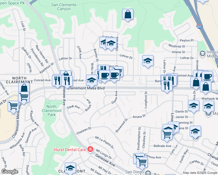 map of restaurants, bars, coffee shops, grocery stores, and more near in San Diego