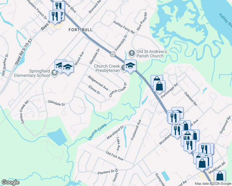 map of restaurants, bars, coffee shops, grocery stores, and more near 2574 Ridgewood Avenue in Charleston