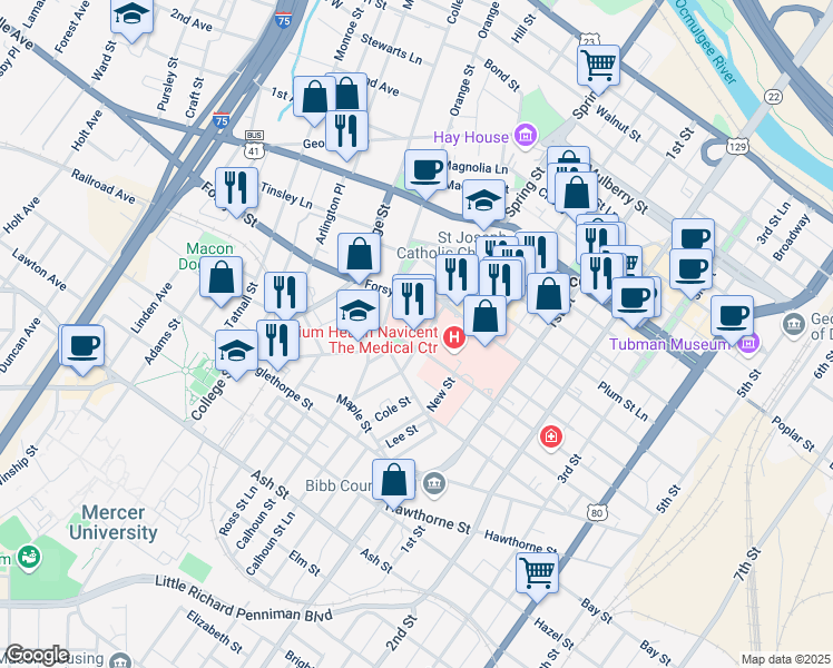 map of restaurants, bars, coffee shops, grocery stores, and more near 1062 Forsyth Street in Macon