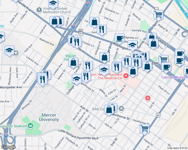 map of restaurants, bars, coffee shops, grocery stores, and more near 756 College Street in Macon