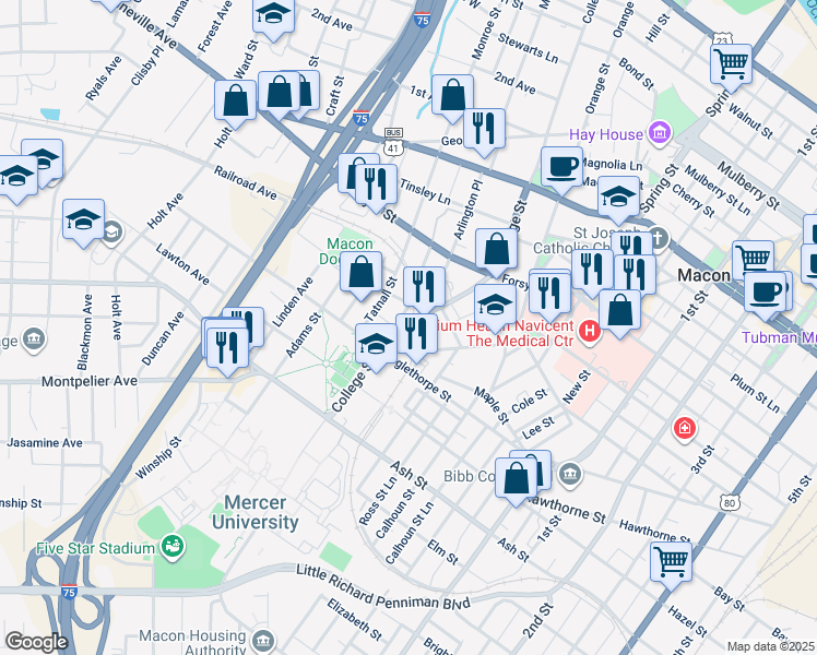 map of restaurants, bars, coffee shops, grocery stores, and more near 855 College Street in Macon