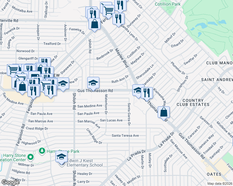 map of restaurants, bars, coffee shops, grocery stores, and more near 3119 Gus Thomasson Road in Dallas
