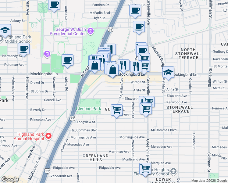 map of restaurants, bars, coffee shops, grocery stores, and more near 5433 Anita Street in Dallas