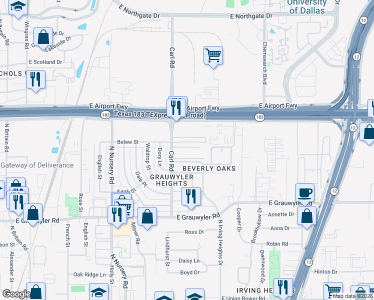 map of restaurants, bars, coffee shops, grocery stores, and more near 1405 Belew Street in Irving