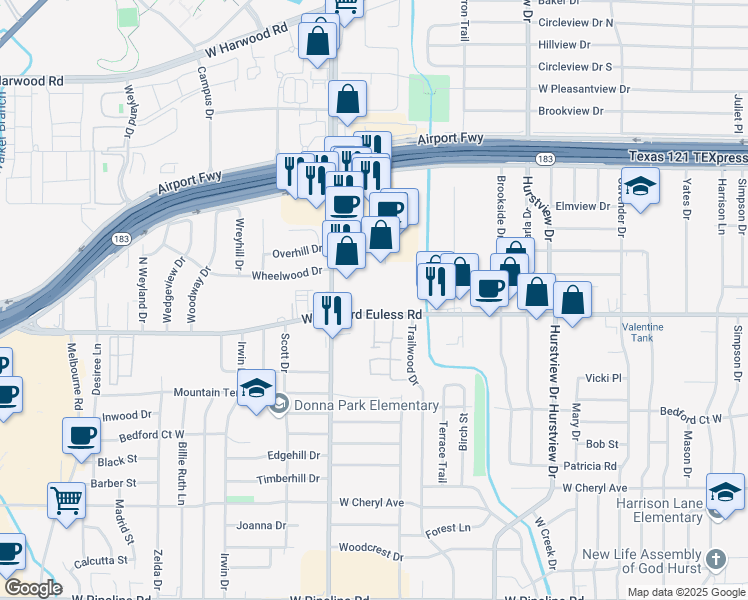 map of restaurants, bars, coffee shops, grocery stores, and more near 1304 Precinct Line Road in Hurst