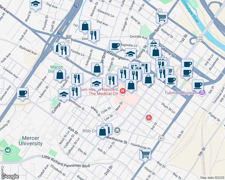 map of restaurants, bars, coffee shops, grocery stores, and more near 1062 Forsyth Street in Macon