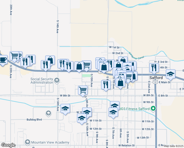 map of restaurants, bars, coffee shops, grocery stores, and more near 523 South 10th Avenue in Safford