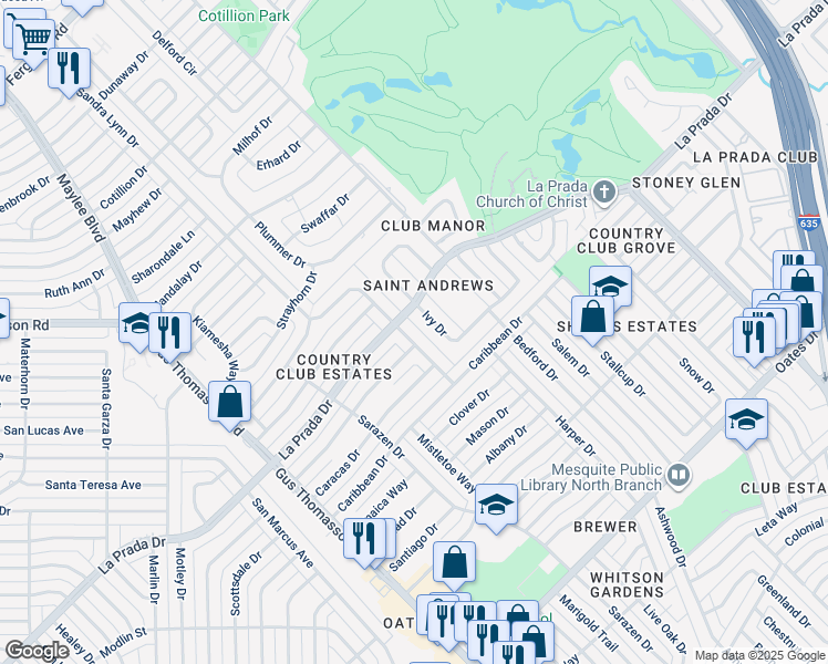 map of restaurants, bars, coffee shops, grocery stores, and more near 4420 Ivy Drive in Mesquite
