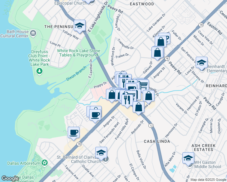 map of restaurants, bars, coffee shops, grocery stores, and more near 1120-1134 North Buckner Boulevard in Dallas