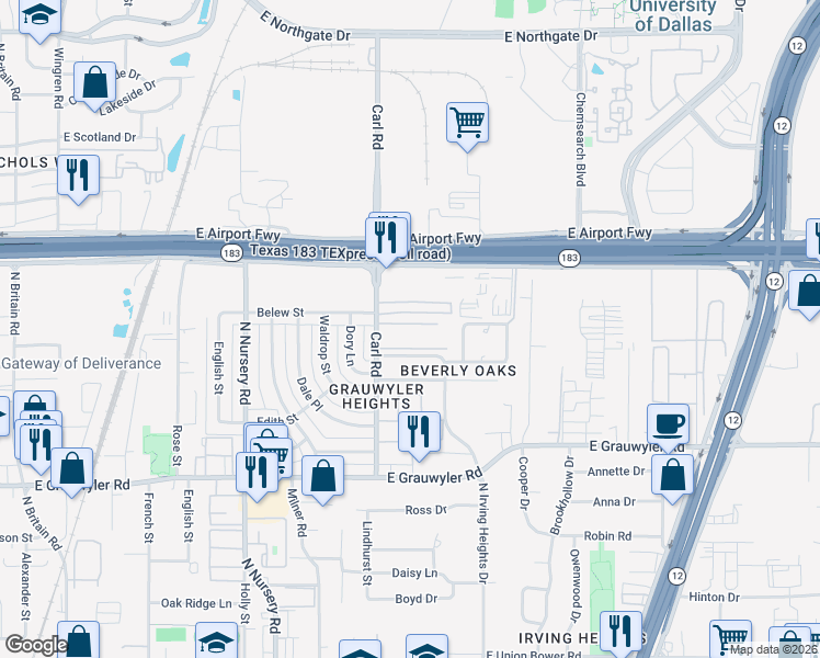 map of restaurants, bars, coffee shops, grocery stores, and more near 1405 Belew Street in Irving