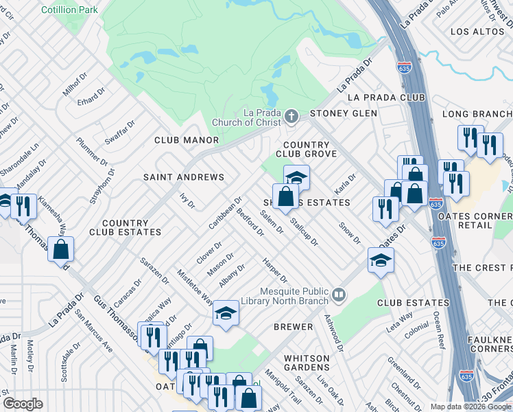 map of restaurants, bars, coffee shops, grocery stores, and more near 4864 Salem Drive in Mesquite