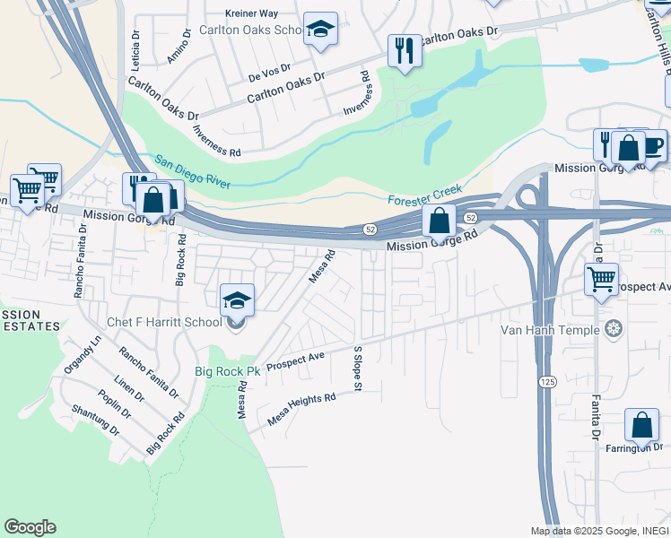 map of restaurants, bars, coffee shops, grocery stores, and more near 8755 Mesa Road in Santee