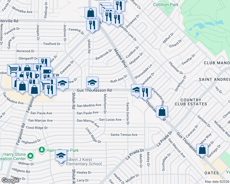 map of restaurants, bars, coffee shops, grocery stores, and more near 3119 Gus Thomasson Road in Dallas