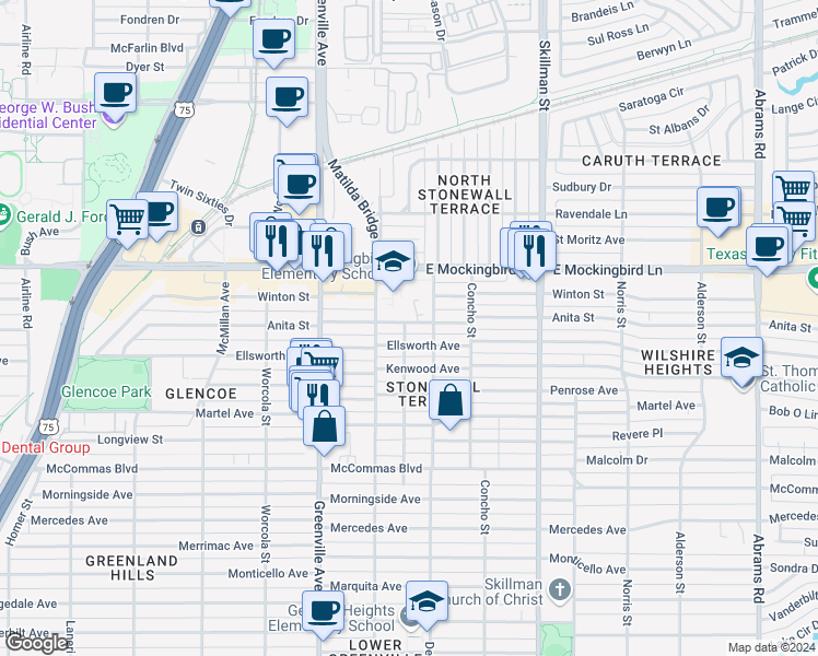 map of restaurants, bars, coffee shops, grocery stores, and more near 5822 Anita Street in Dallas