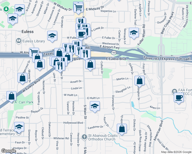 map of restaurants, bars, coffee shops, grocery stores, and more near 211 Colonial Lane in Euless