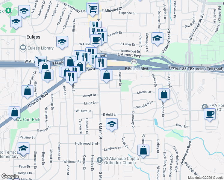 map of restaurants, bars, coffee shops, grocery stores, and more near 211 Colonial Lane in Euless