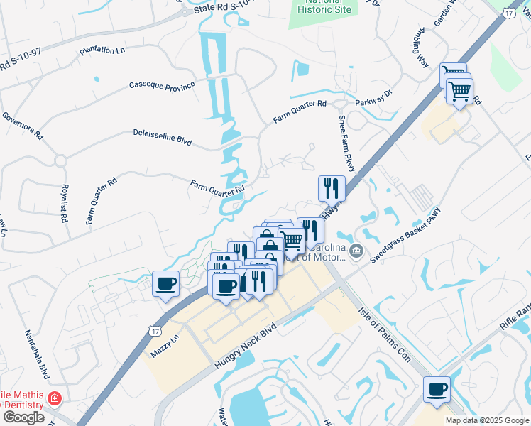 map of restaurants, bars, coffee shops, grocery stores, and more near 1648 Fairway Place Lane in Mount Pleasant