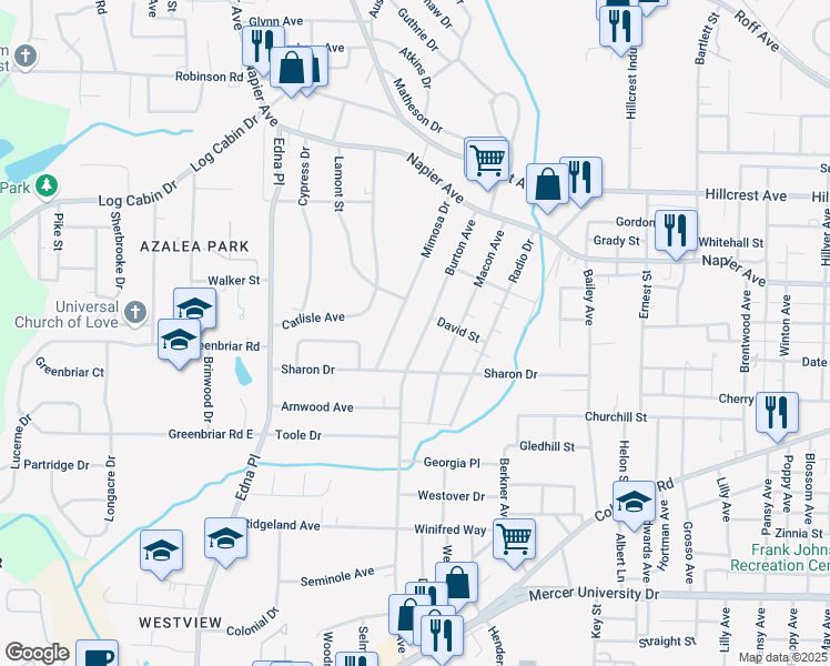 map of restaurants, bars, coffee shops, grocery stores, and more near 1227 Burton Avenue in Macon