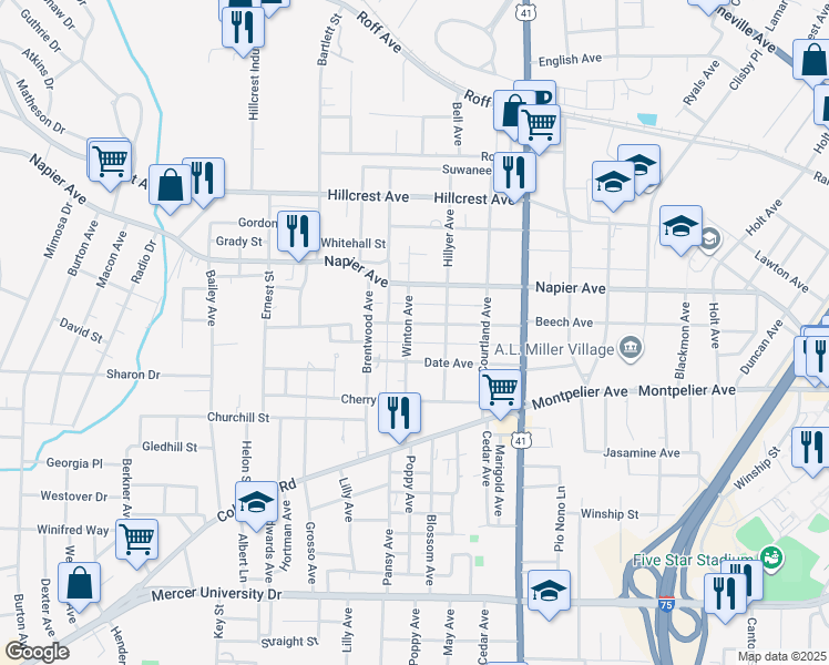 map of restaurants, bars, coffee shops, grocery stores, and more near 1198 Winton Avenue in Macon