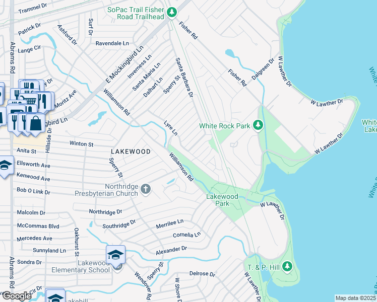 map of restaurants, bars, coffee shops, grocery stores, and more near 3443 Santa Barbara Drive in Dallas