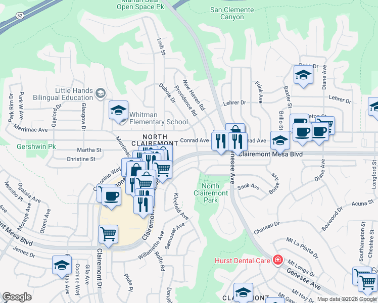 map of restaurants, bars, coffee shops, grocery stores, and more near 4381 Conrad Avenue in San Diego
