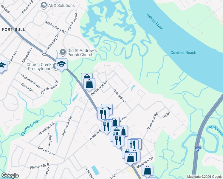 map of restaurants, bars, coffee shops, grocery stores, and more near 2335 Herndon Drive in Charleston
