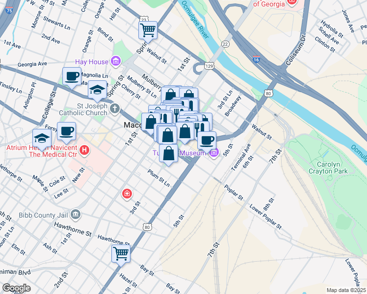 map of restaurants, bars, coffee shops, grocery stores, and more near 440 3rd Street in Macon