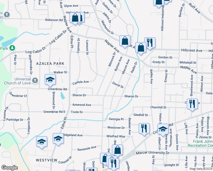 map of restaurants, bars, coffee shops, grocery stores, and more near 1227 Burton Avenue in Macon